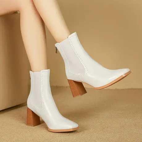 里外全真皮2023春秋新款时尚气质百搭柔软舒适头层牛皮粗高跟女靴图片