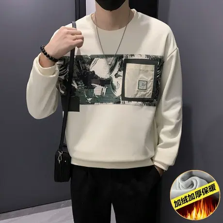 秋冬款加绒卫衣男潮牌印花口袋上衣长袖套头内搭保暖加厚打底t恤商品大图