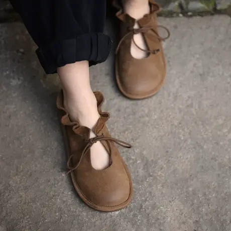 Artmu阿木复古木耳边真皮单鞋平底鞋子女2023新款不累脚女鞋 软底商品大图