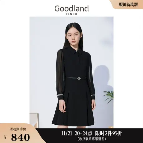 Goodland美地女装秋季性感重工钉钻法式修身衬衫小黑裙连衣裙图片