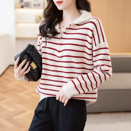 23135新款韩版宽松拉链条纹长袖套头毛衣女士立领打底衫上衣女商品大图