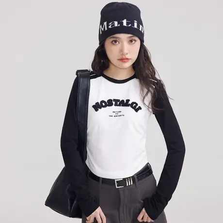 尔给小众圆领修身打底衫2023新款女秋冬设计感插肩袖长袖短款上衣商品大图