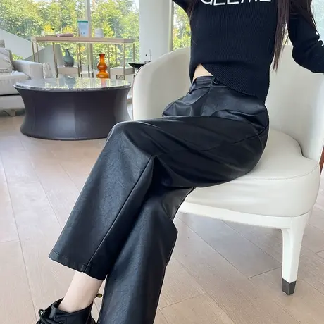黑色皮裤女直筒宽松春秋季2024高腰显瘦宽松加厚裤子九分烟管裤子图片