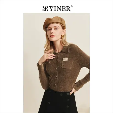 YINER音儿专柜女装2022冬季新款LOGO袖章POLO领针织衫开衫商品大图