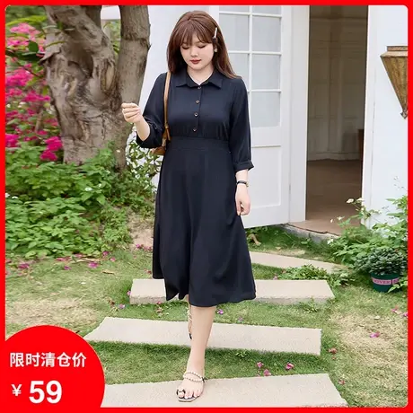 2023年夏装新款翻领松紧腰气质7分袖衬衫连衣裙黑色显瘦大码胖MM商品大图