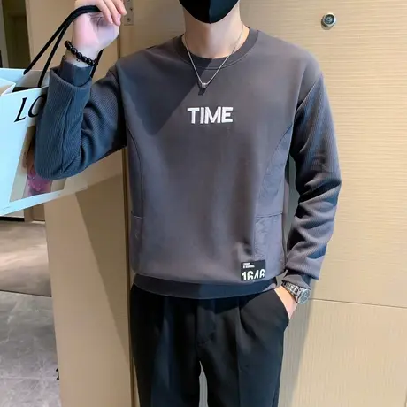 轻熟卫衣秋冬季新款潮牌刺绣字母印花上衣个性拼接长袖内搭体恤衫图片