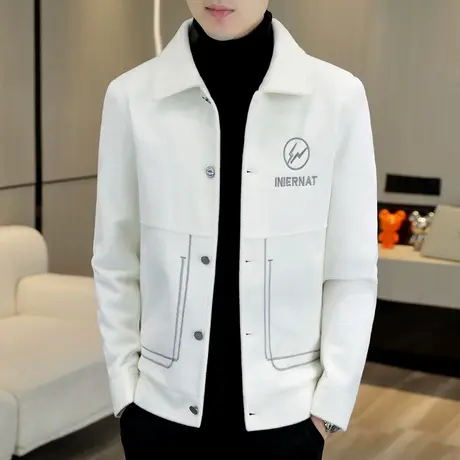 外套男潮牌仿水貂绒加厚夹克秋冬季学生韩版刺绣帅气修身短款风衣商品大图