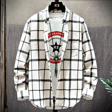 男士2023春秋装衬衫长袖宽松个性格子外套帅气青年衬衣学生寸衫潮图片