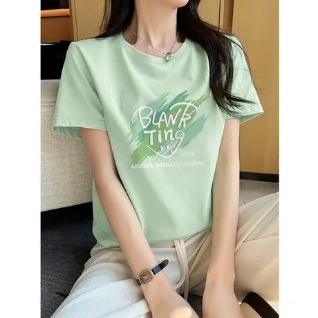 ZR真维斯短款t恤女夏新款 2023别致设计感纯棉水绿色正肩短袖上衣商品大图