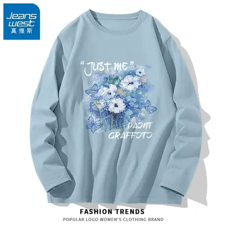 VR真维斯蓝色宽松t恤女2023春秋新款洋气减龄上衣女士长袖体恤衫商品大图