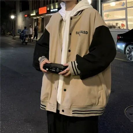 潮牌美式棒球服男秋冬季宽松休闲港风复古飞行员夹克立领开衫外套商品大图