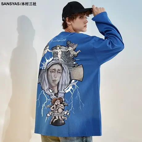 木村三社x救赎系列失乐园2022新款纯棉长袖t恤男宽松高街风格上衣图片