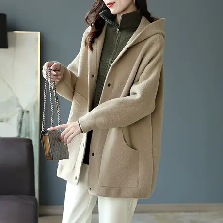 宝诗黎纯色连帽时尚中长款外套大衣2023秋季新款单排扣开衫上衣女商品大图