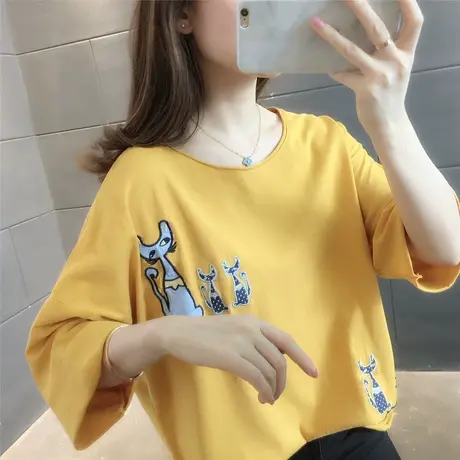 韩版宽松印花猫咪可爱白色t恤女2023夏季新款百搭短袖上衣体恤衫图片