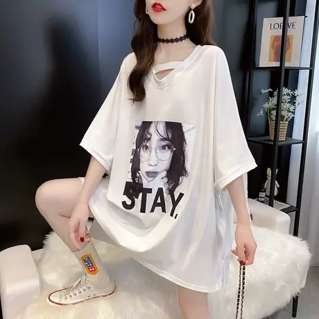 纯棉短袖T恤女装宽松2024年新款春季洋气中长款设计感打底衫爆款商品大图