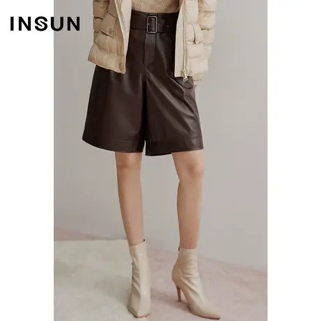INSUN恩裳冬季短裤绵羊皮真皮直筒裤图片
