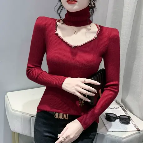 时尚围脖针织衫女春秋2024新款性感V领毛衣内搭设计感打底上衣ins商品大图