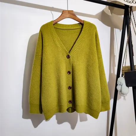 慵懒风毛衣开衫女2023秋冬新款宽松v领纯色休闲百搭针织上衣外套商品大图