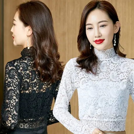2022秋季新款蕾丝打底衫女秋季长袖内搭立领洋气内搭小衫秋款上衣图片