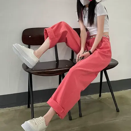 粉红色牛仔裤女春秋直筒宽松显瘦高腰大码胖mm休闲男友风阔腿裤子图片
