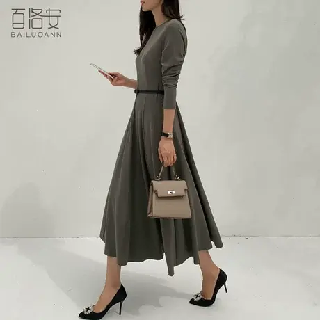 百洛安优雅长袖连衣裙女春装新款气质圆领高腰a字裙中长款大摆裙图片