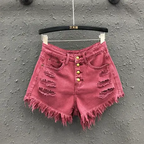 复古红色牛仔短裤女2023秋季新款毛边设计感宽松百搭A字阔腿裤潮商品大图