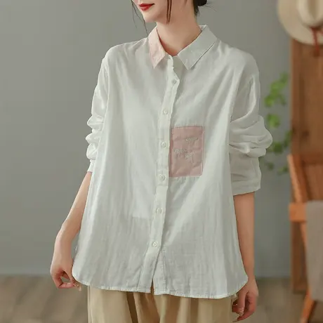 dza 复古白色纯棉贴布衬衣女士春秋新款宽松长袖上衣翻领休闲衬衫图片