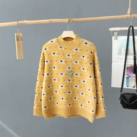 提花半高领套头毛衣女冬季2024年新款宽松休闲毛针织衫打底衫上衣图片