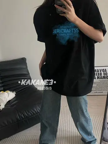 短袖T恤女2023年夏装新款黑色上衣圆领爱心半袖宽松ins潮纯棉体恤图片