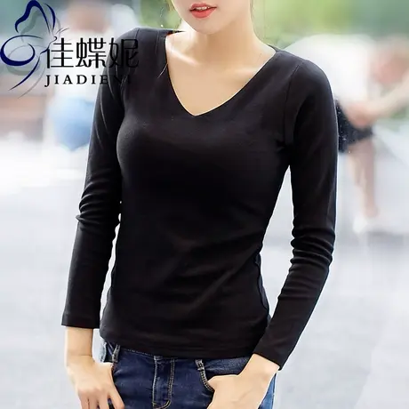 秋冬V领长袖修身黑色显瘦加厚双层纯白体恤打底衫T恤简约基础款女商品大图