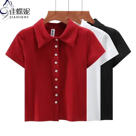 夏季新款韩版翻领开衫短款纯色修身纯棉纯色短袖衬衫上衣女体恤图片