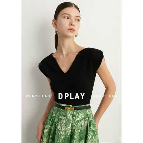 DPLAY黑标夏新小众设计感黑色海鸥领开衩包肩袖针织小衫上衣商品大图