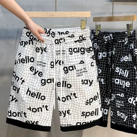 格子花裤子男士中裤五分裤沙滩裤潮牌休闲短裤男夏季薄款外穿潮流商品大图