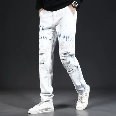 裤子潮牌痞帅炸街男潮流破洞补丁牛仔裤男直筒宽松白色2023款秋季商品大图