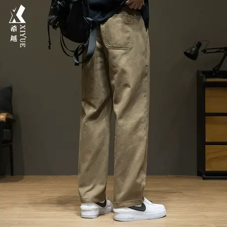 希越卡其色休闲长裤子男全棉2024春秋新款宽松大码男士阔腿直筒裤商品大图