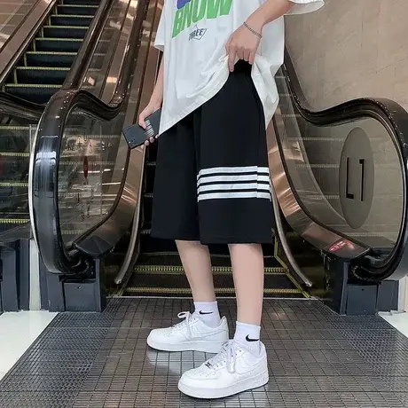 黑色4杠条纹男生短裤2023新款夏季宽松休闲五分裤薄款透气运动裤商品大图