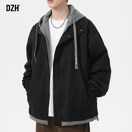 男士假两件外套男秋季宽松潮高级感连帽夹克男款工装男装2024新款图片