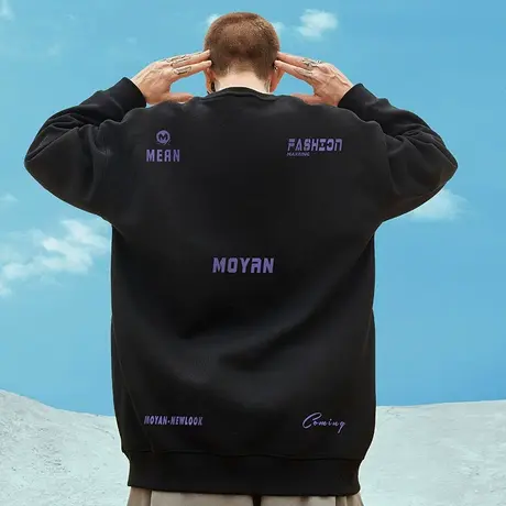 国潮oversize大码男装潮牌ins情侣圆领简约加肥加大加绒卫衣秋冬商品大图