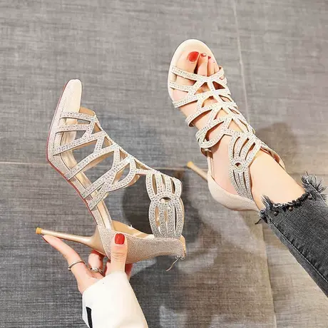 2024年新款罗马凉鞋女细跟9cm性感镂空宴会防水台厚底水钻高跟鞋商品大图