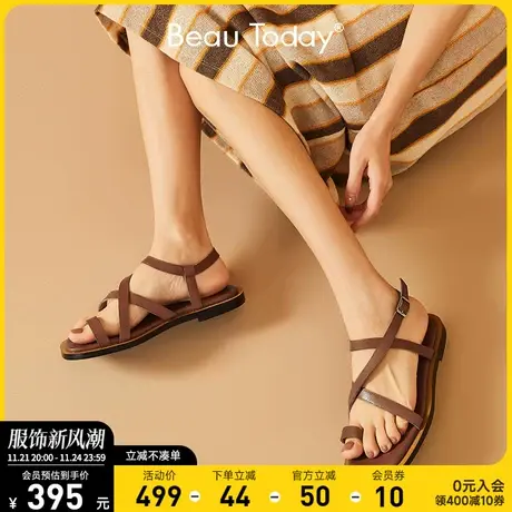 BeauToday罗马凉鞋女ins潮真皮沙滩鞋夹趾方头女鞋复古风小众设计图片