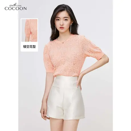 miss COCOON法式毛针织衫女2023新款夏季短袖透气镂空打底t恤上衣商品大图