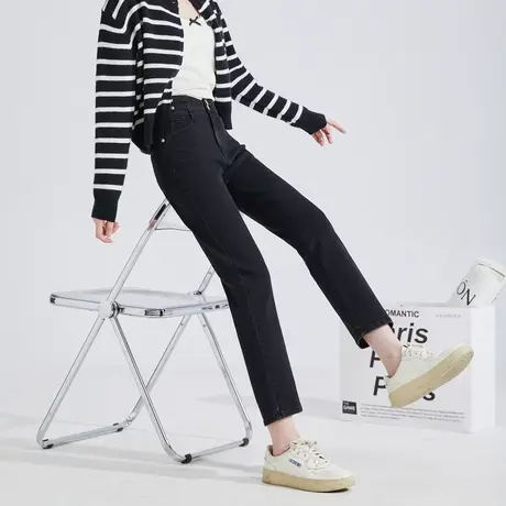 唐狮女牛仔裤高腰修身弹力秋季新直筒烟管裤百搭潮流黑色裤子图片