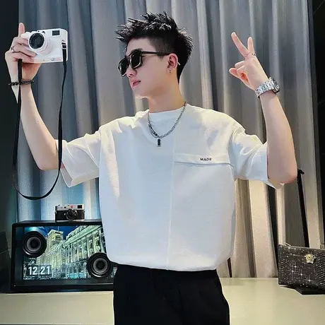 T恤男士拼接设计感时尚短袖男夏季新款百搭休闲潮流圆领修身半袖商品大图