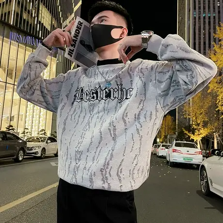 美式潮牌半高领加绒卫衣男冬季宽松网红重磅加厚个性长袖内搭上衣商品大图