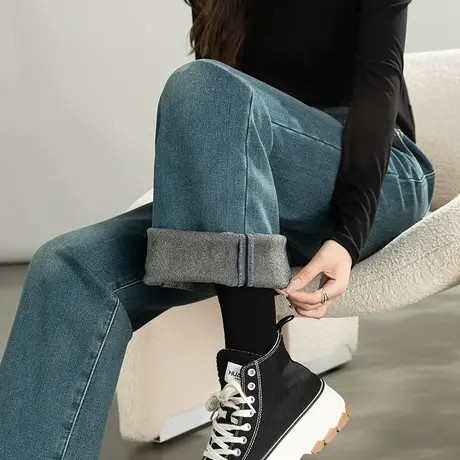 加绒阔腿牛仔裤女冬季加厚裤子小个子高腰直筒裤秋冬拖地裤烟筒裤图片