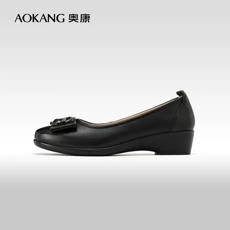 奥康女鞋 2024春季新款真皮简约低跟纯色方头通勤单鞋软底妈妈鞋商品大图