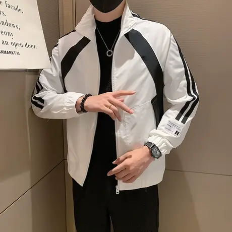 春秋季男士重磅薄款复古拼色立领夹克宽松痞帅长袖上衣休闲外套潮商品大图