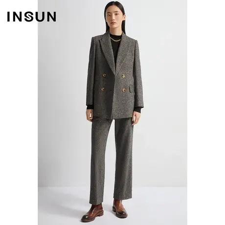 INSUN恩裳冬季双排扣花纱修身羊毛西装外套图片