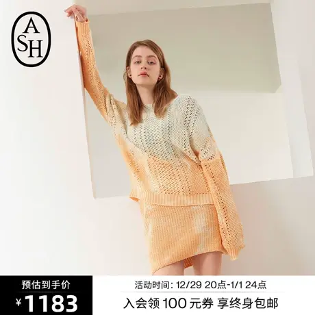 ASH女装新款时尚简约百搭撞色套头针织毛衣渐变圆领镂空上衣图片