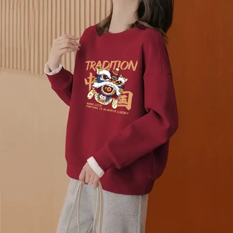 国潮oversize大码套头卫衣女冬季加厚加绒外套ins休闲风大红上衣商品大图